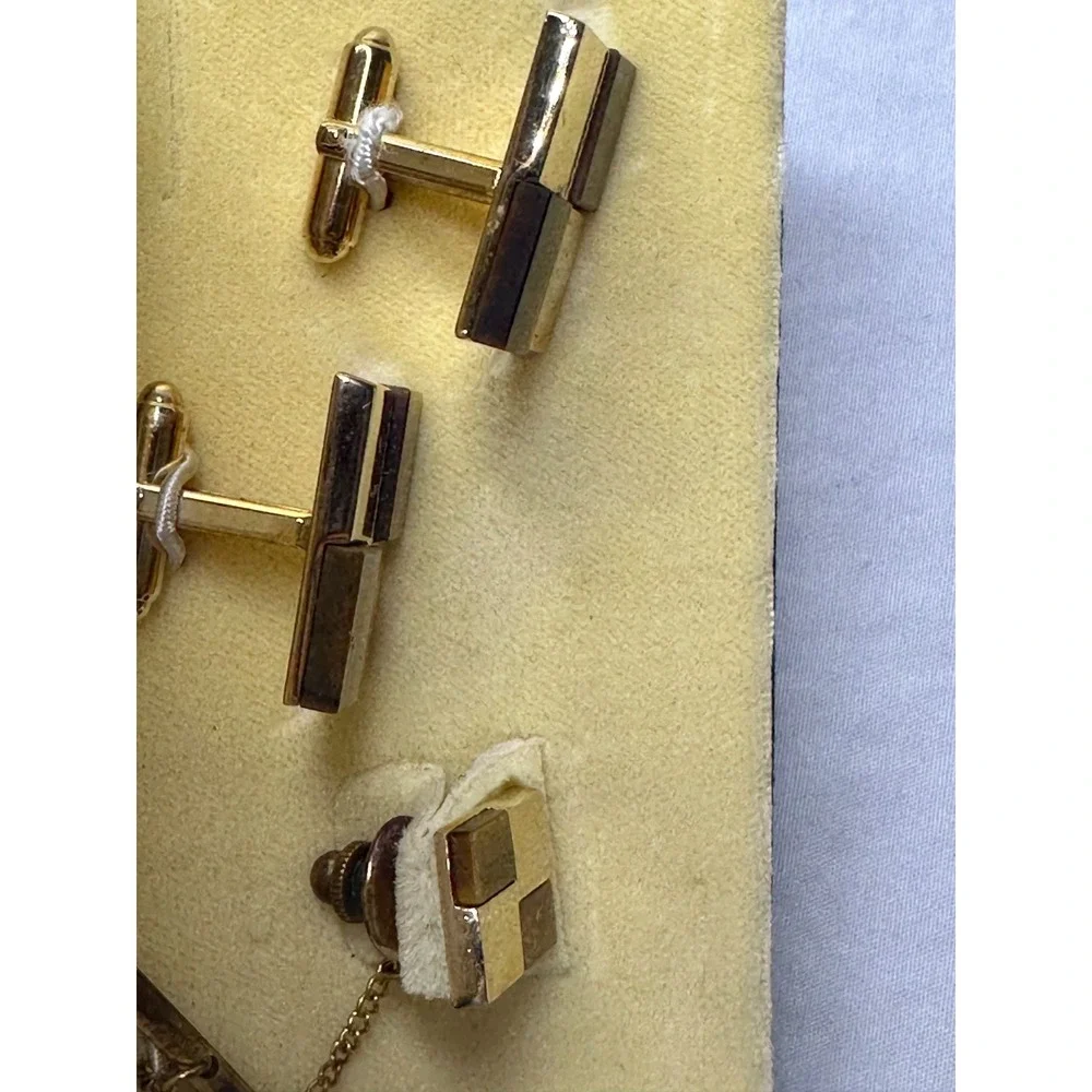 Anson Cufflinks Tie Tack Set Tigers Eye Gold Tone Brown Rectangle Boxed VTG